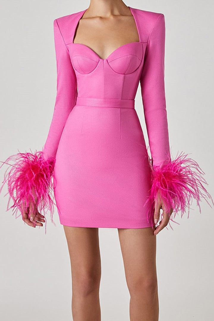 Square Neck Feather Cuff Bandage Mini Dress