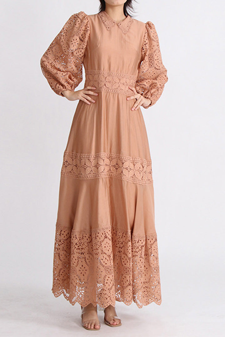 Lace Panel Lapel Long Sleeve Midi Dress