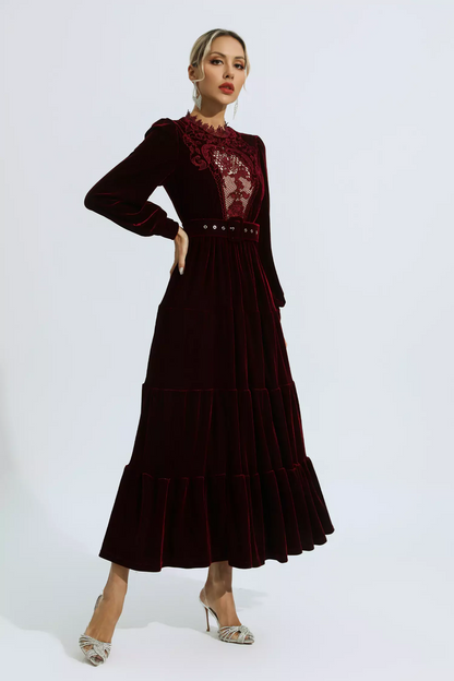 Wine Red Velvet Embroidered Maxi Dress