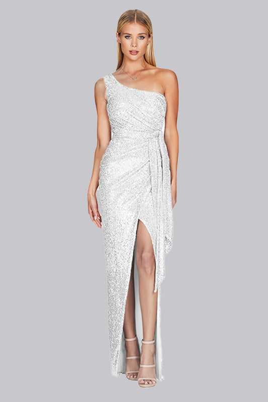 One Shoulder Pleated Sequined Maxi Dress