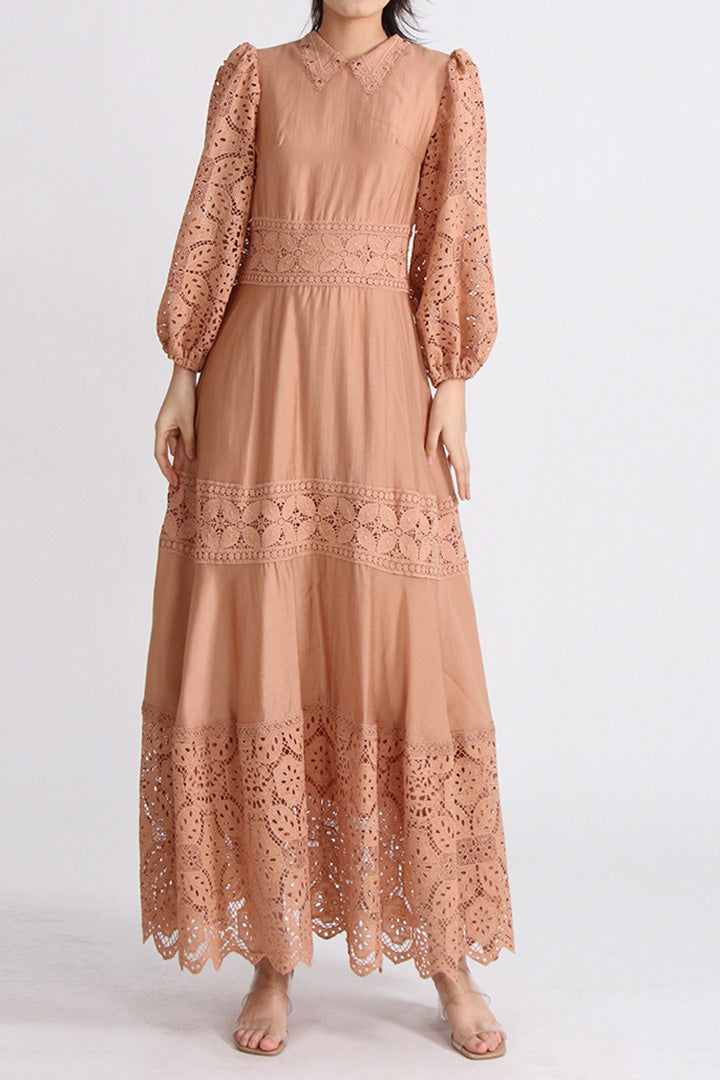 Lace Panel Lapel Long Sleeve Midi Dress