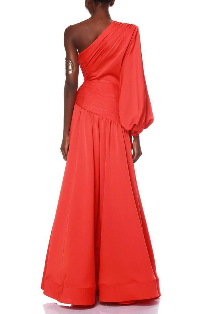 Red Satin Pleat One-Shoulder Long Sleeve Maxi Dress