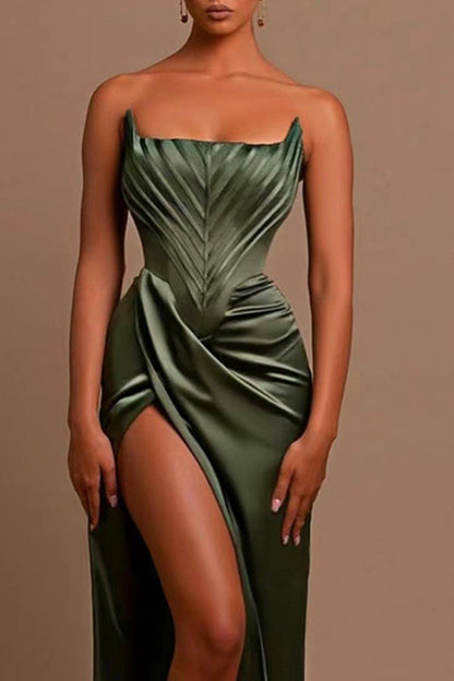 Dark Green Fishbone Waistband Split Long Dress