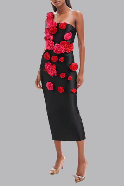 Black Backless 3D Floral Midi Dress