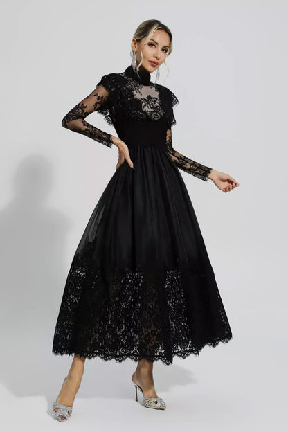 Black Floral Lace Stitching Long Sleeve Dress