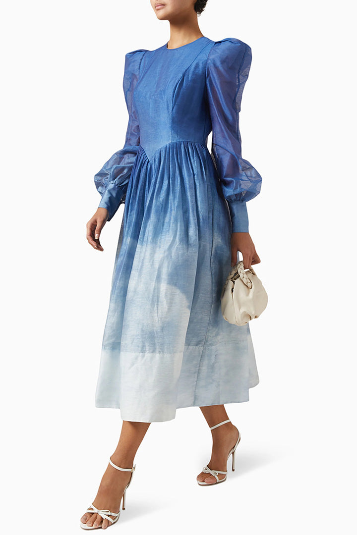 Gradient Blue Round Neck Bubble Sleeve Midi Dress