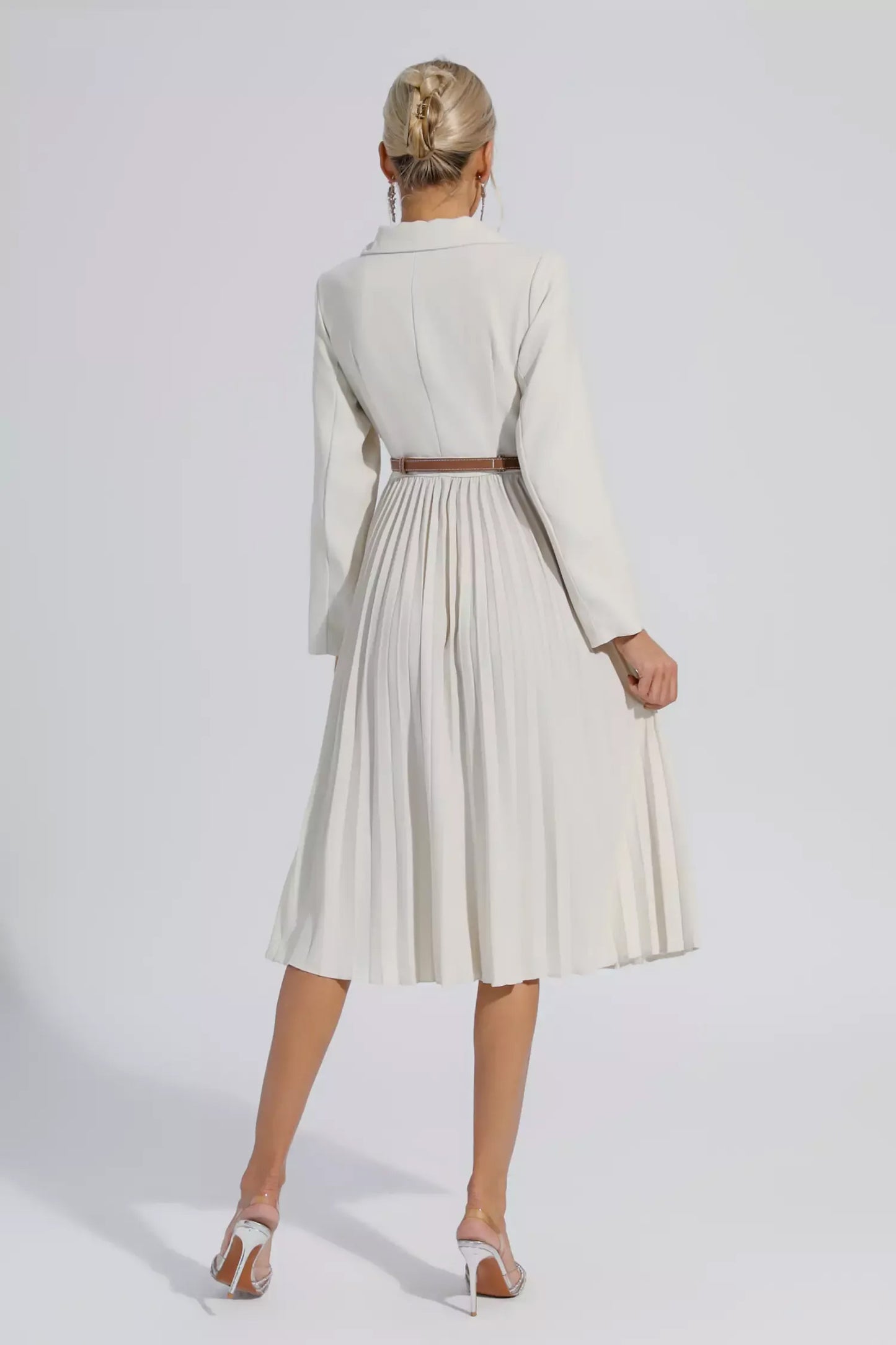 Beige Ruched Blazer Midi Dress