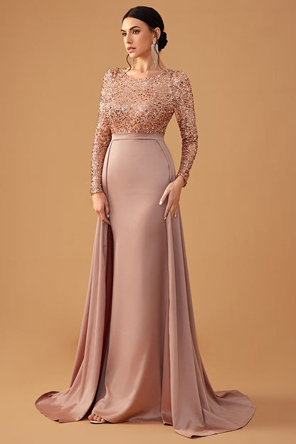 Elegant Round Neck Long Sleeve Sequin Long Dress