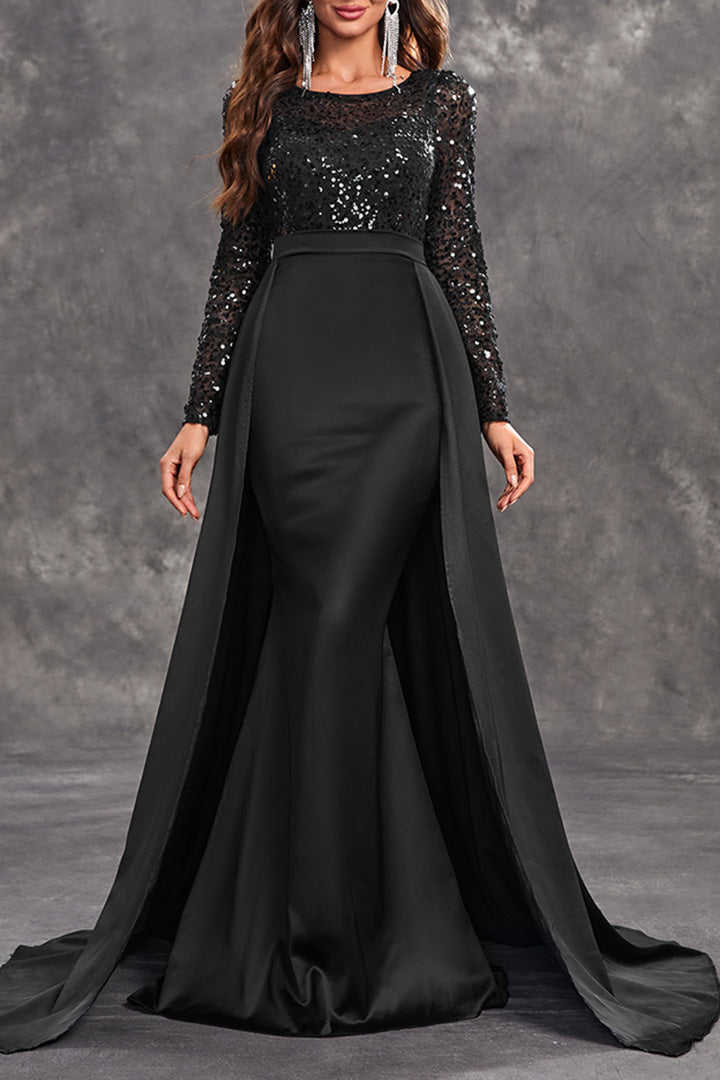 Elegant Round Neck Long Sleeve Sequin Long Dress