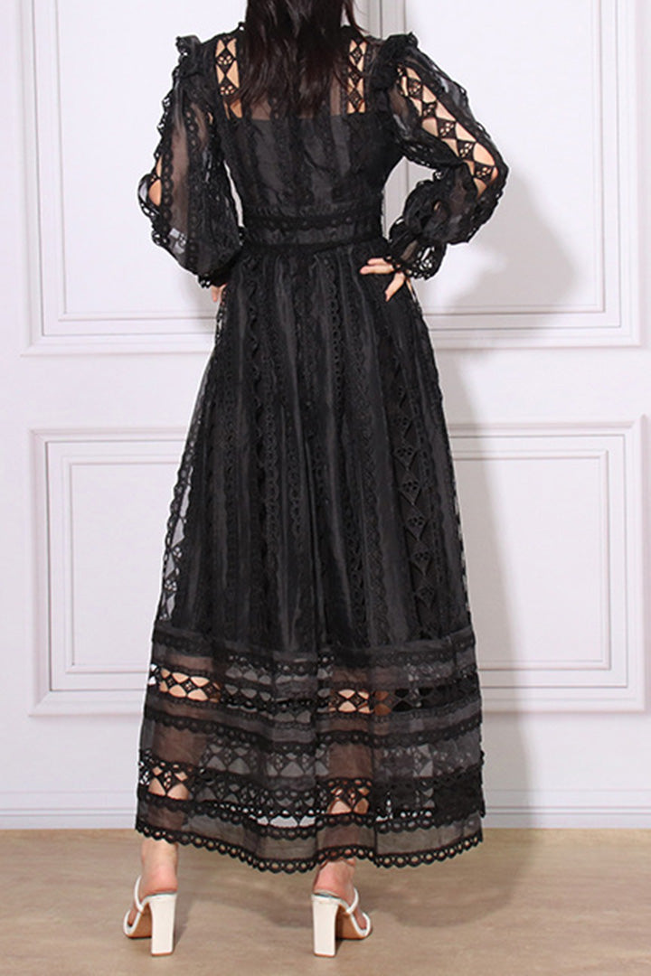 Vintage Embroidered Hollow Long Sleeve Midi dress