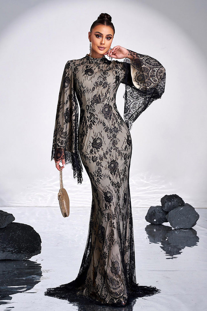 Black Vintage Lace Evening Gown