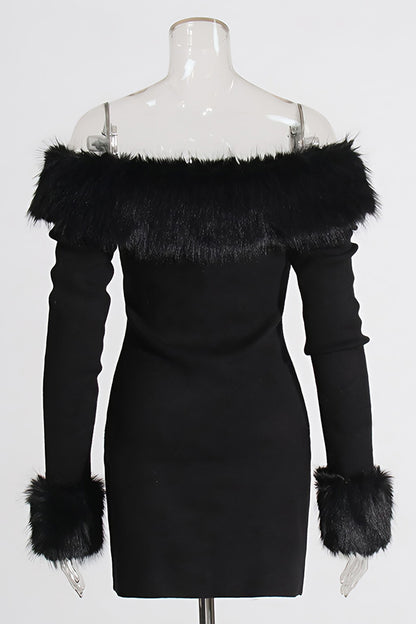 Black Strapless Furry Long Sleeve Short Dress