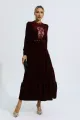 Wine Red Velvet Embroidered Maxi Dress