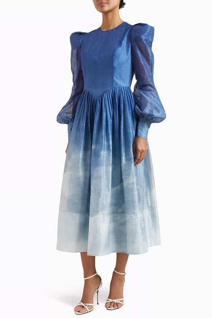 Gradient Blue Round Neck Bubble Sleeve Midi Dress