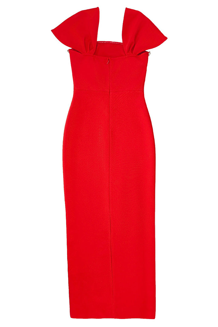 Square Neck Rhinestone Hip Wrap Midi Dress