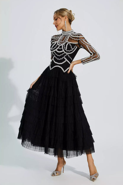 Black Beading Maxi Evening Dress