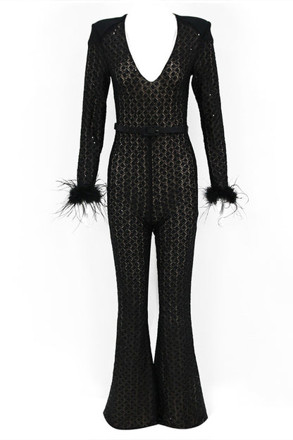 Black Lace Sequin Feather Bandage Jumpsuit