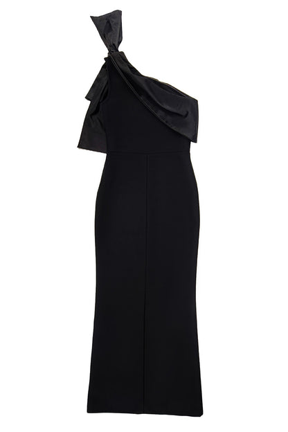 Black One Shoulder Bow Maxi Dress