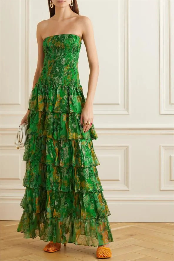 Green Smocking Strapless Tiered Maxi Dress