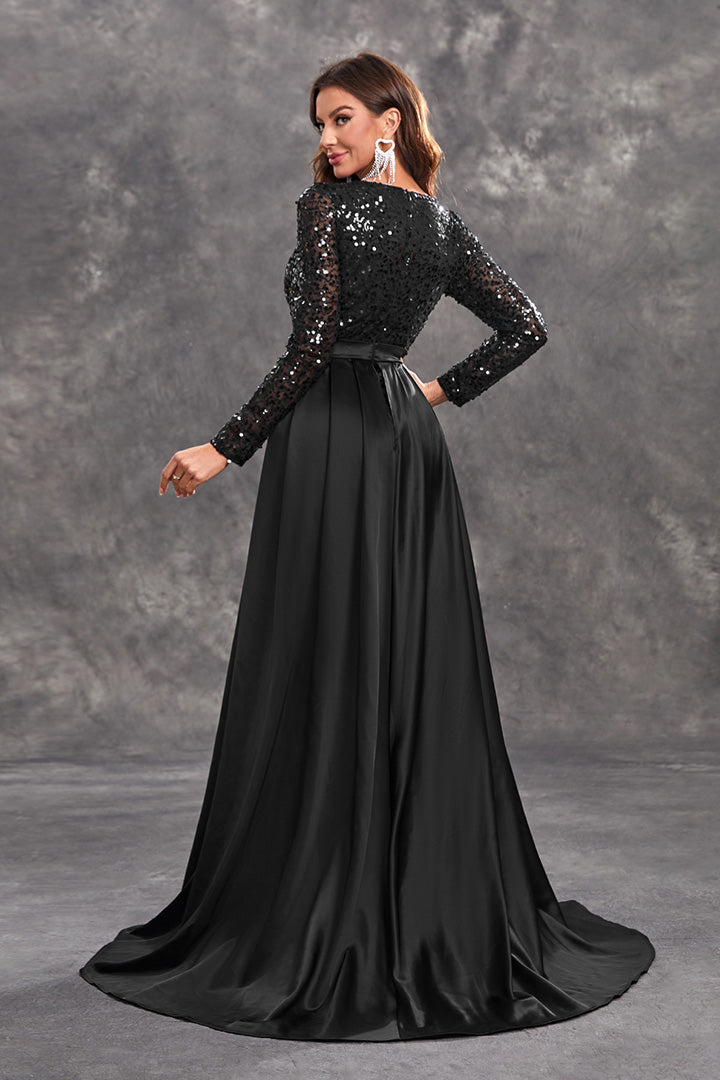 Elegant Round Neck Long Sleeve Sequin Long Dress