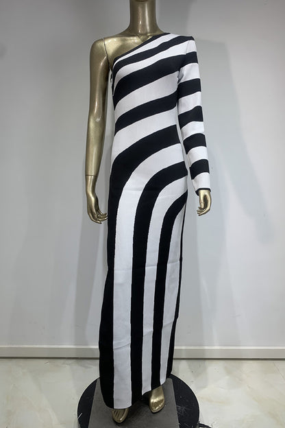 Black White Zebra Print One Shoulder Long Sleeve Dress