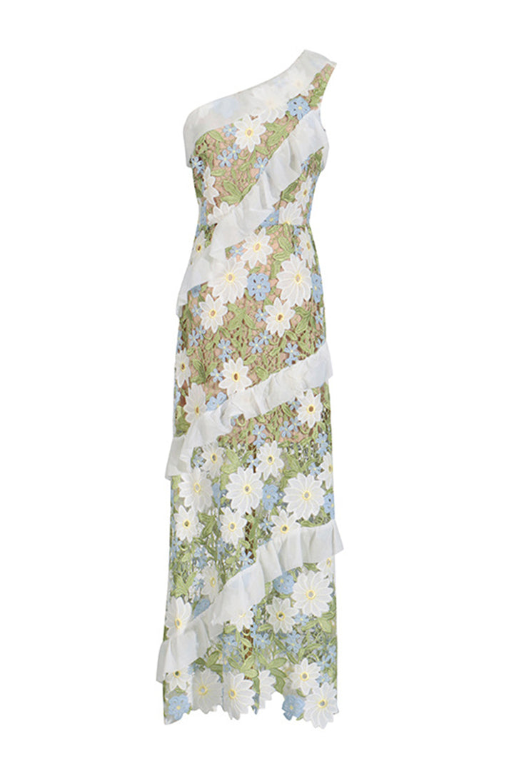 Green Slant Shoulder Floral Embroidered Maxi Dress