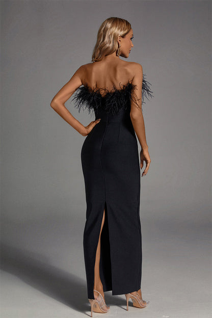 Black Feather Tassel Maxi Dress