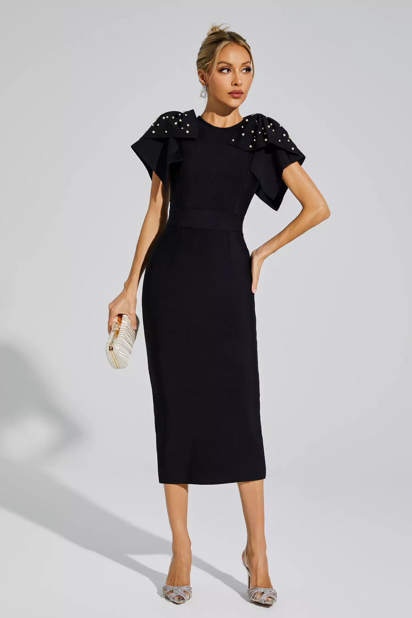 Black Knitted Embellished Midi Dress