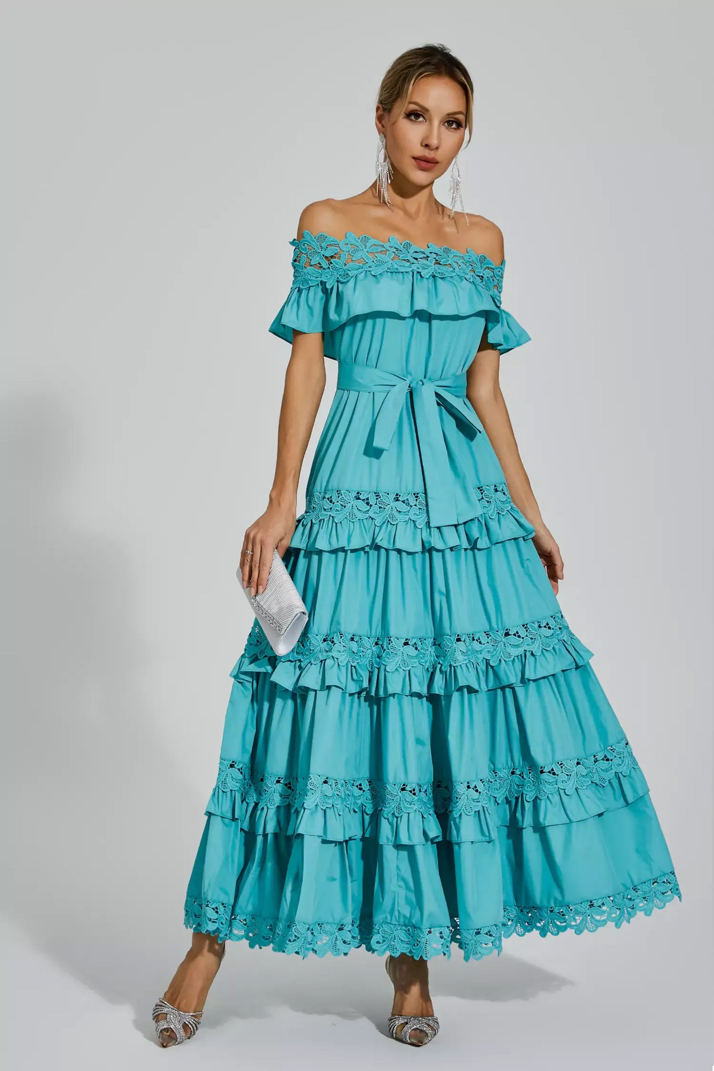 Blue Ruffle Off Shoulder Dress