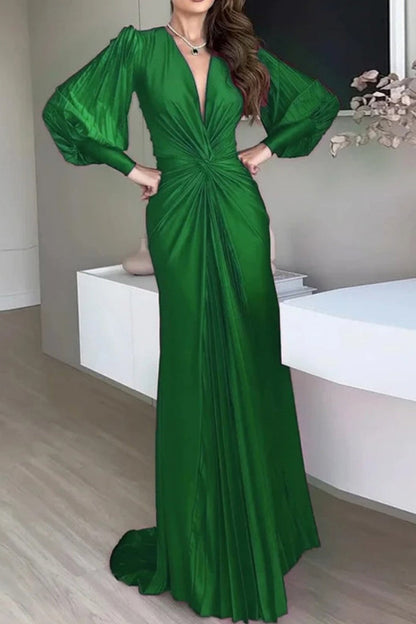 Green Elegant Long-sleeved Waist Pleated Maxi Dress