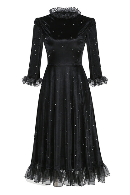 Black High Neck Long Sleeve Velvet Long Dress