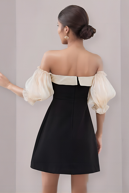 Black Strapless Bubble Sleeve Short Dress