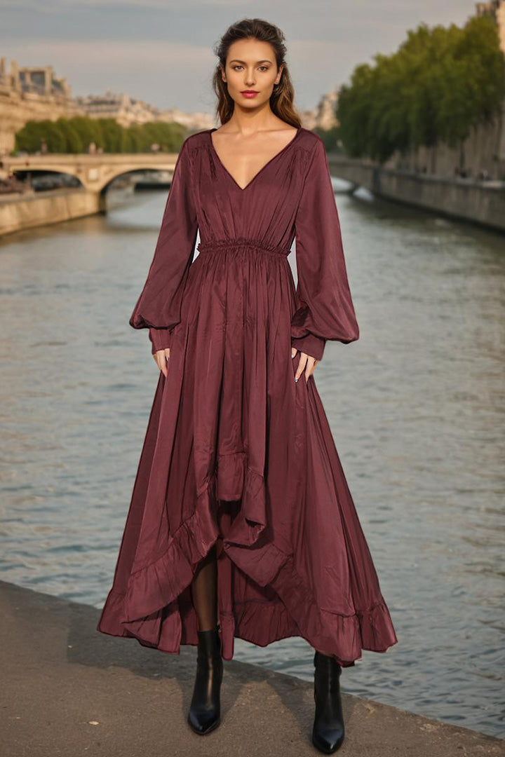 V Neck Long Sleeve Ruffled Midi Dress