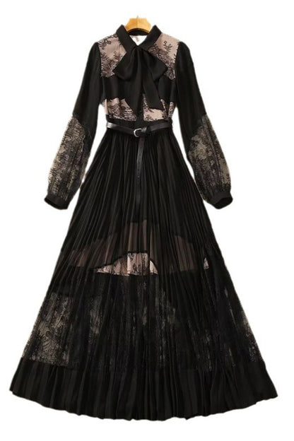 Black Lace Lapel Hollow Maxi Dress