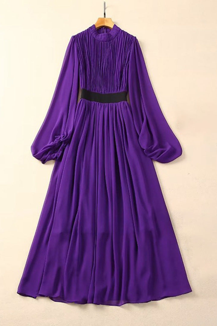 Purple Pleated Long Sleeve Maxi Dress