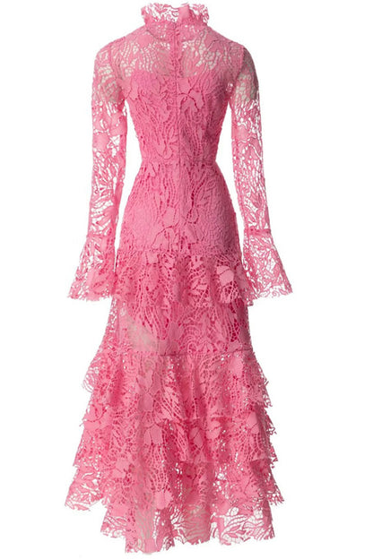 Stand Collar Trumpet Long Sleeve Lace Midi Dress