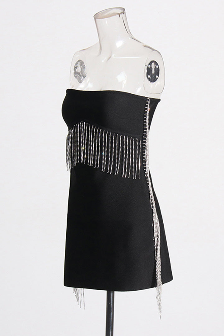 Black Rhinestone Tassel Bandage Mini Dress