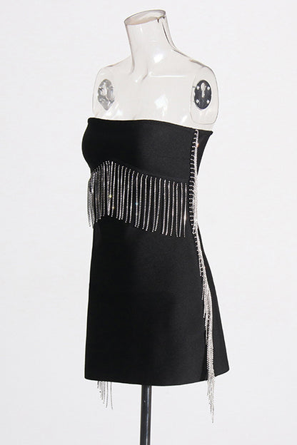 Black Rhinestone Tassel Bandage Mini Dress