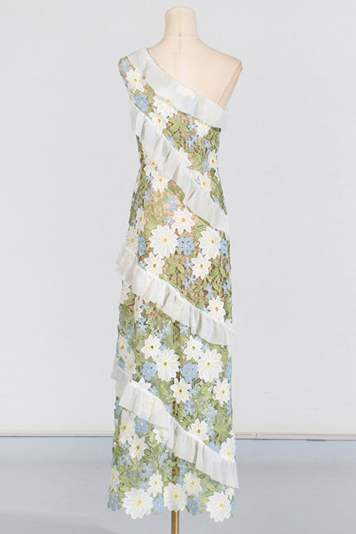 Green Slant Shoulder Floral Embroidered Maxi Dress