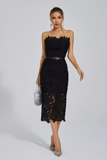 Black Floral Lace Midi Dress