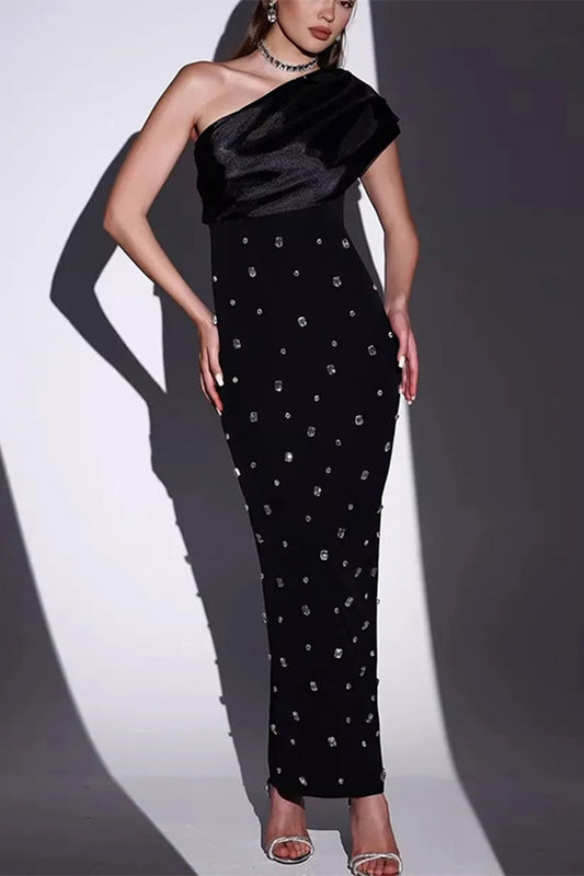 Elegant Diagonal Shoulder Diamond Wrap Hip Long Dress