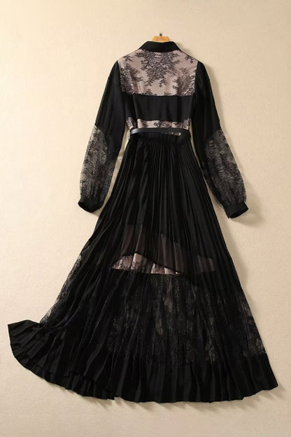 Black Lace Lapel Hollow Maxi Dress