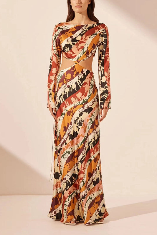 Orange Round Neck Printed Cutout Maxi Dress