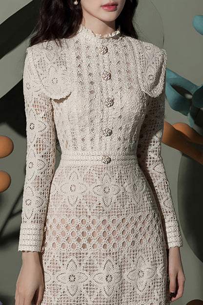 Beige Long Sleeve Lace Midi Dress