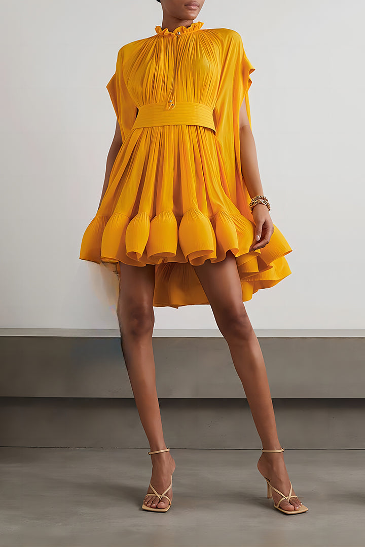 Elegant Round Neck Hem Ruffle Short Dress