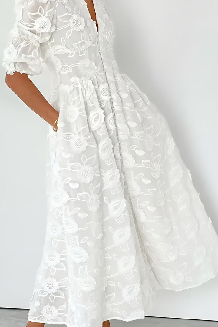 White V-Neck Bubble Sleeve Embroidered Midi Dress