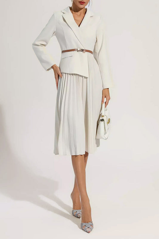 Beige Ruched Blazer Midi Dress