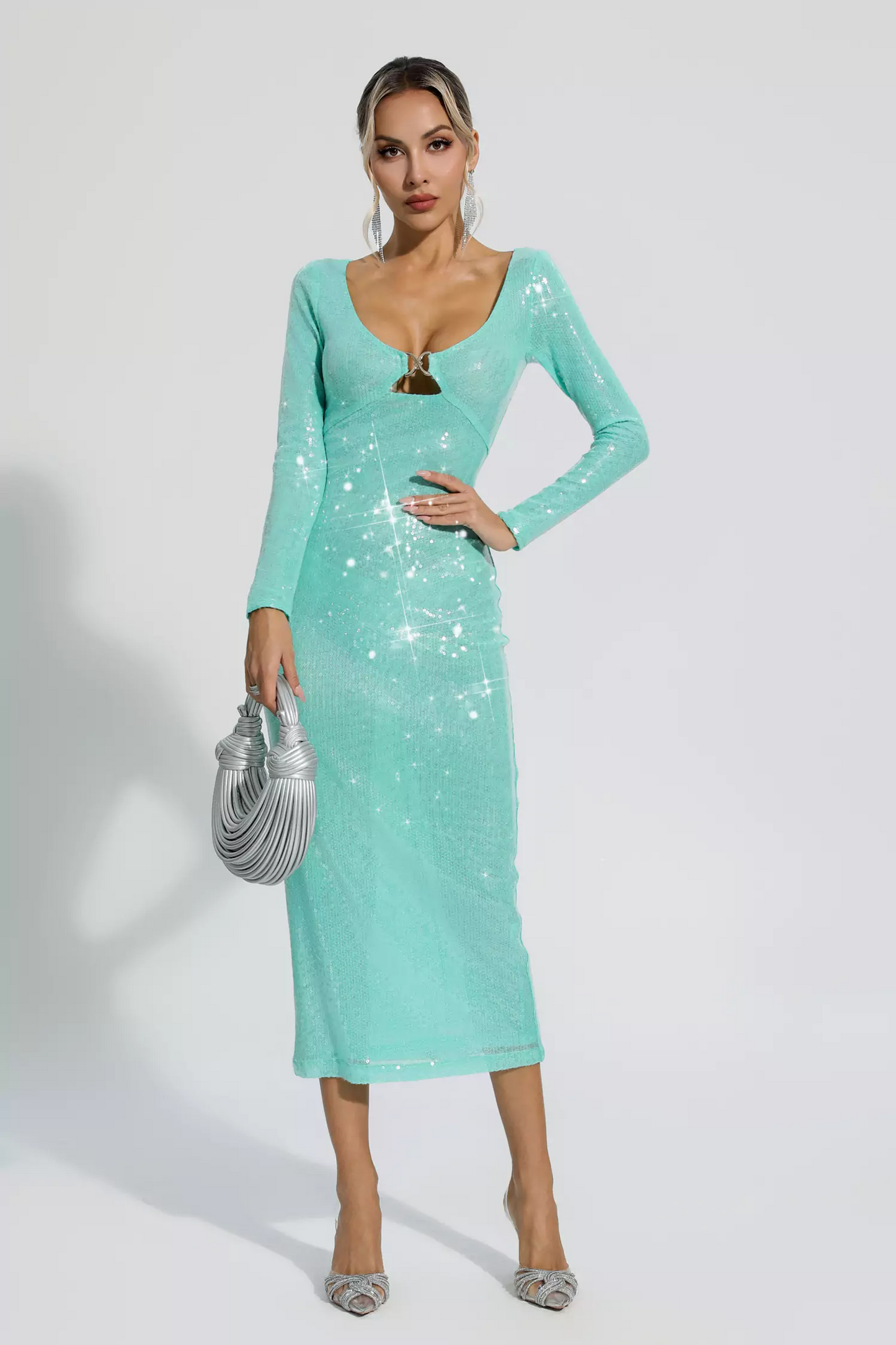 Green Long Sleeve Sequin Midi Dress