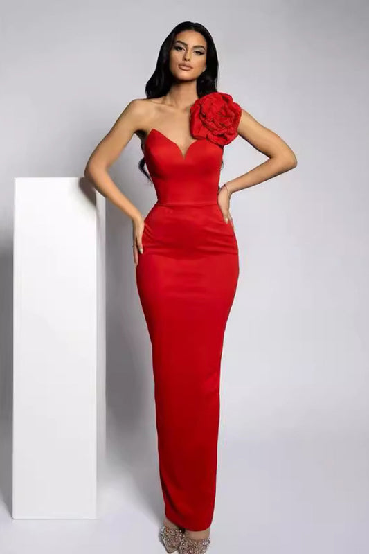 Red Deep V Neck 3D Flower Slim Maxi Dress