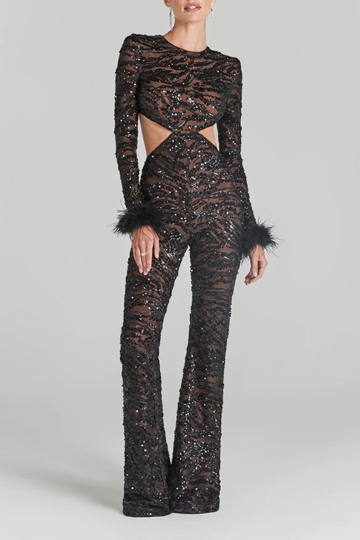 Black Backless Beaded Feather Jumpsuit